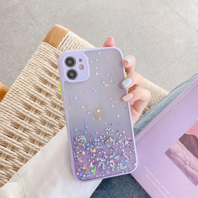 Silicone back cover for iPhone with frosted marble IMD finish and epoxy glitter gradient in multiple colours