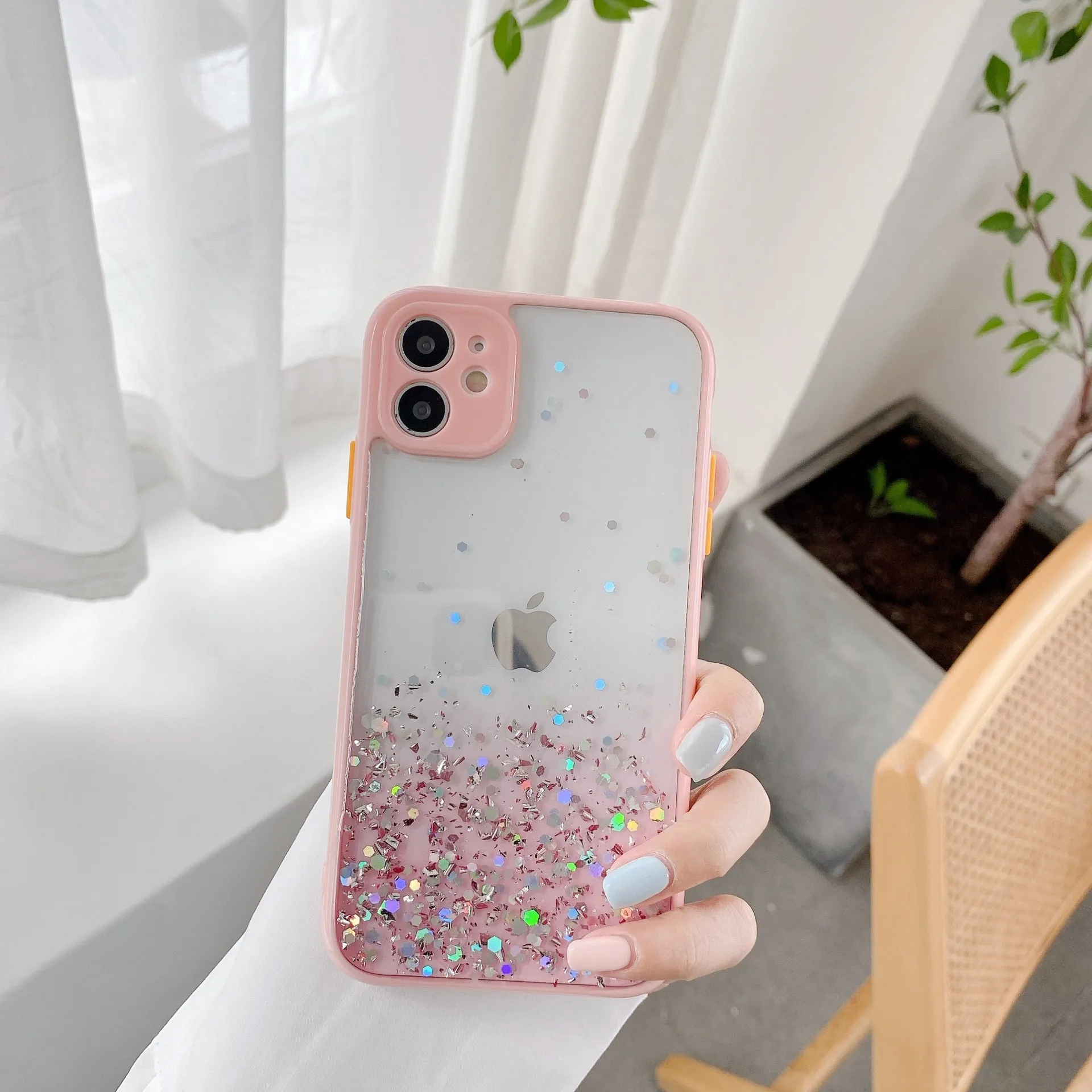 Silicone back cover for iPhone with frosted marble IMD finish and epoxy glitter gradient in multiple colours
