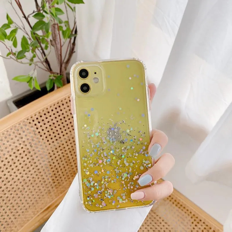 Silicone back cover for iPhone with frosted marble IMD finish and epoxy glitter gradient in multiple colours