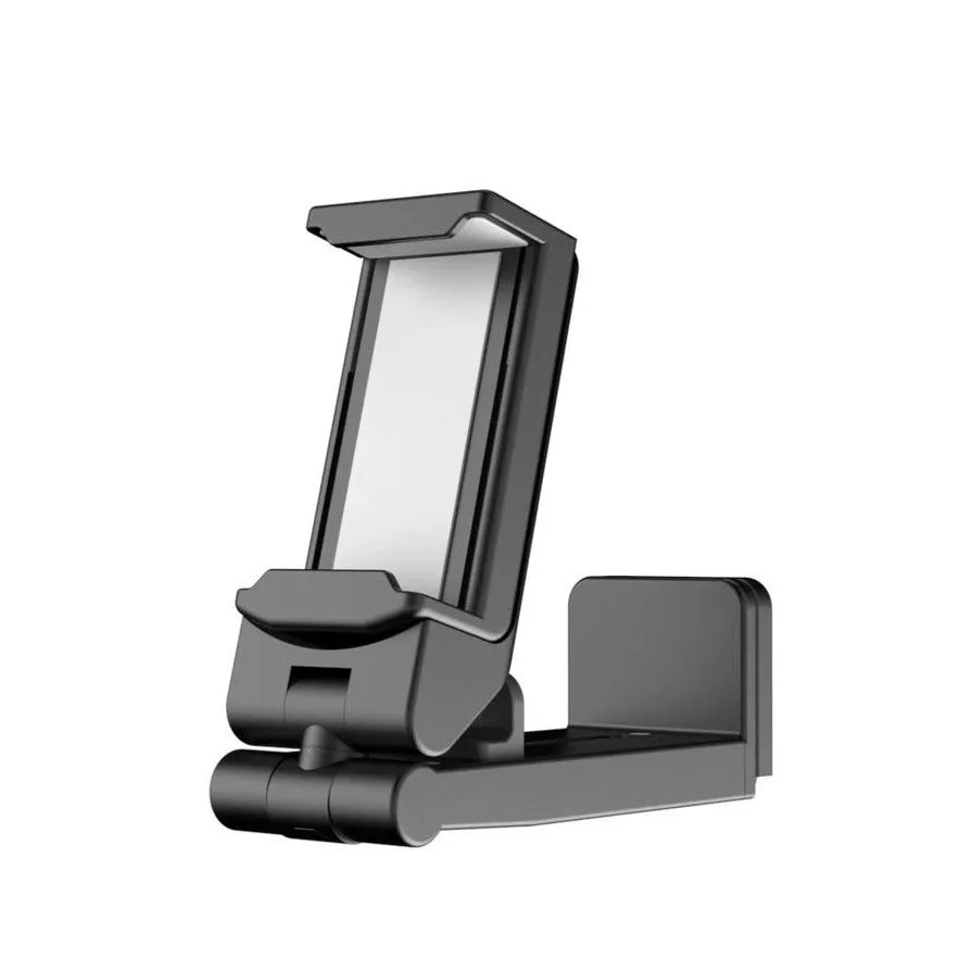 Foldable rotating phone holder in black grey and green colours showing adjustable viewing angles
