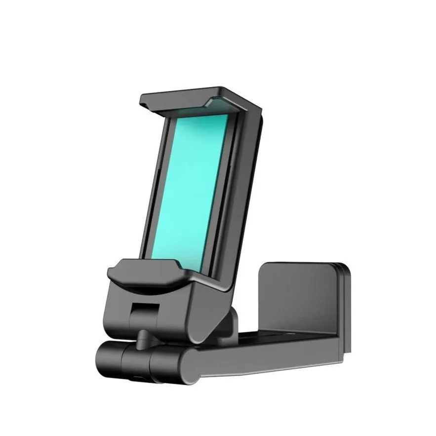 Foldable rotating phone holder in black grey and green colours showing adjustable viewing angles