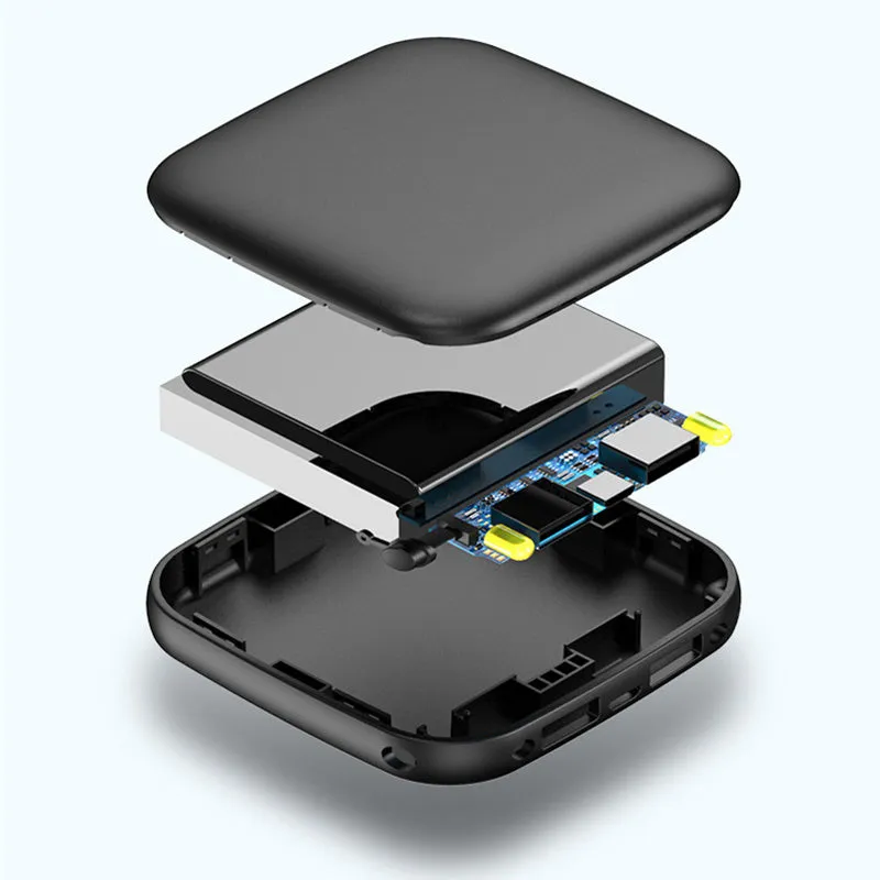 Portable 10000mAh power bank in black with multi-U port output and compact rectangular ABS shell design