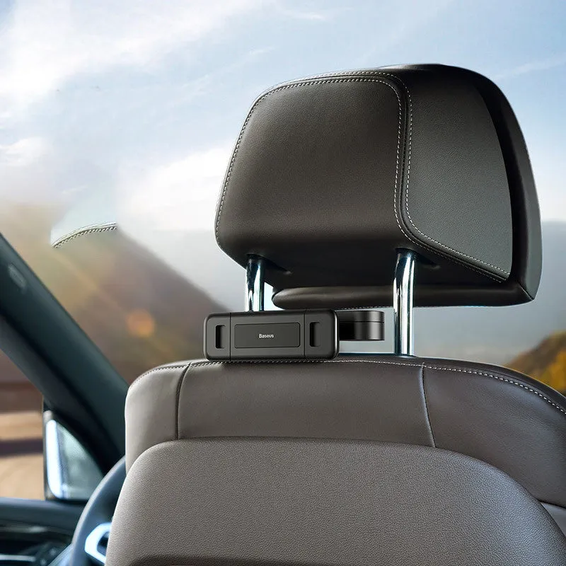 Black universal car backseat cell phone stand mounted behind seat for hands-free use