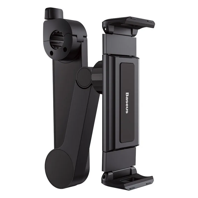 Black universal car backseat cell phone stand mounted behind seat for hands-free use