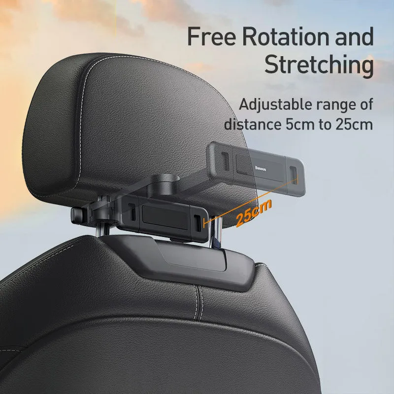 Black universal car backseat cell phone stand mounted behind seat for hands-free use