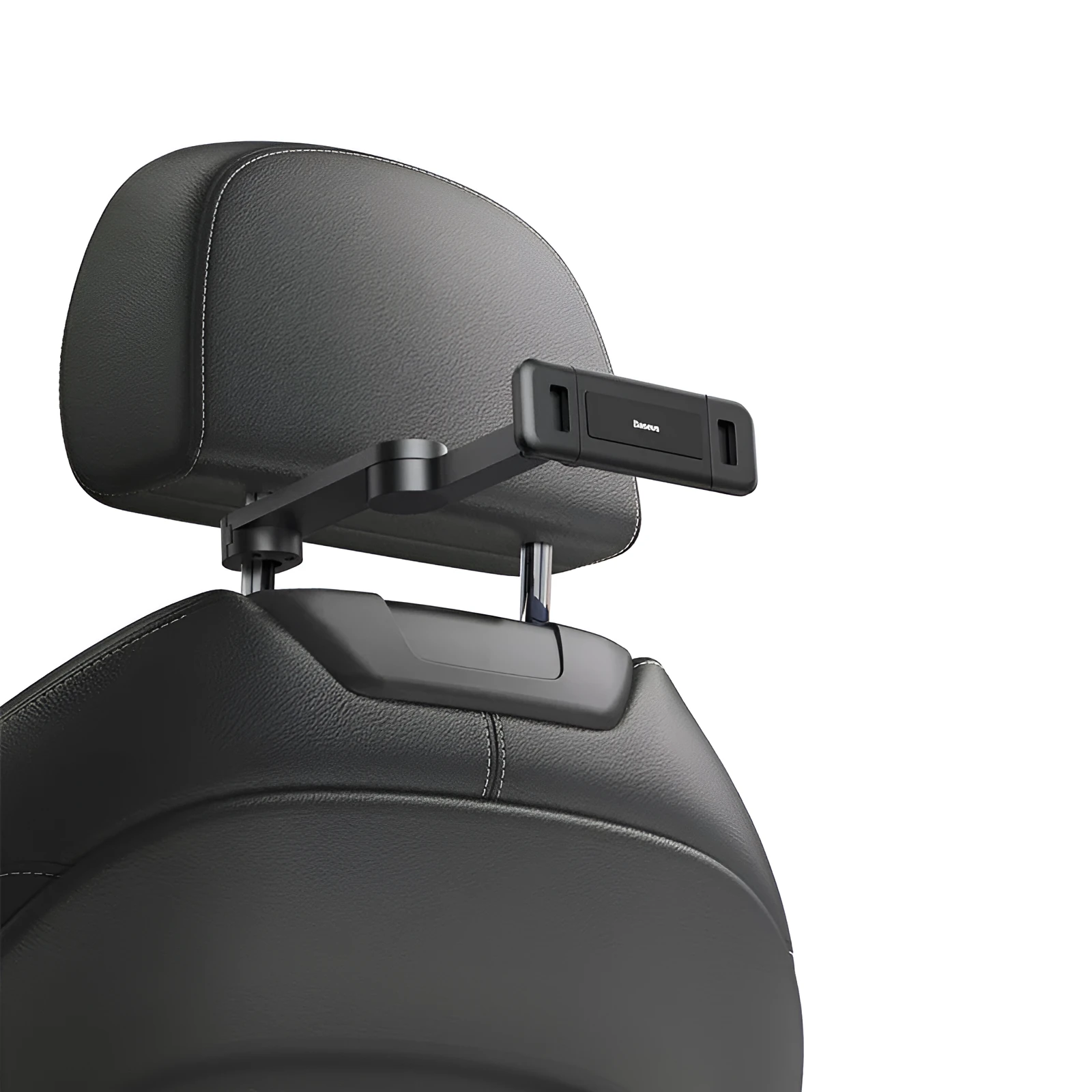 Black universal car backseat cell phone stand mounted behind seat for hands-free use