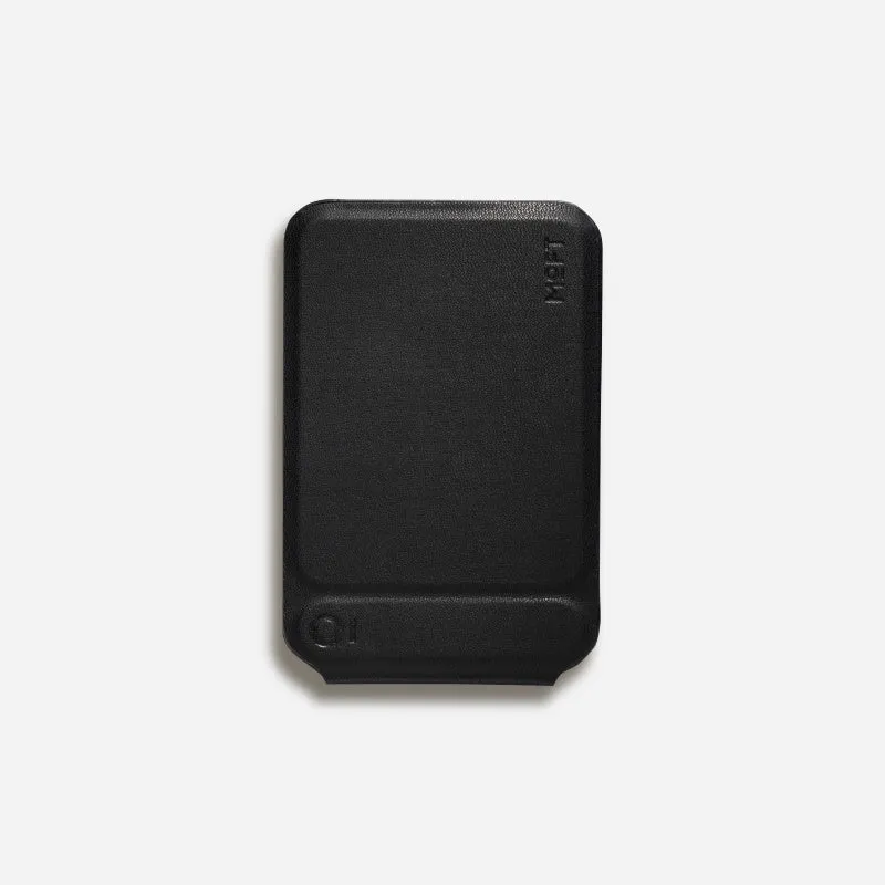 Slim black magnetic mobile phone holder and case showing dimensions and leather finish.