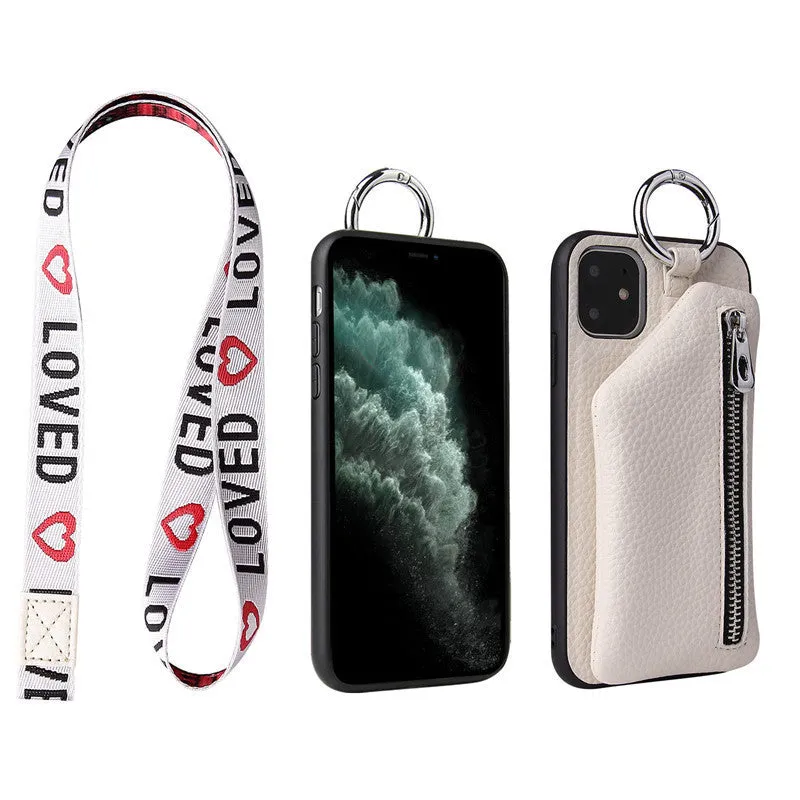PU leather crossbody phone case with neck lanyard strap in pink colour for iPhone.