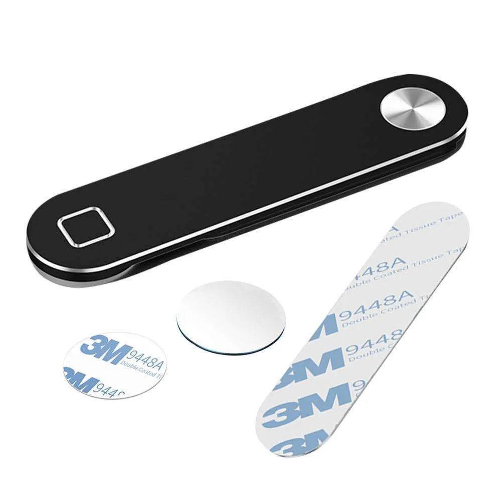 Black aluminium laptop phone holder with magnetic clip attached to laptop edge holding a smartphone