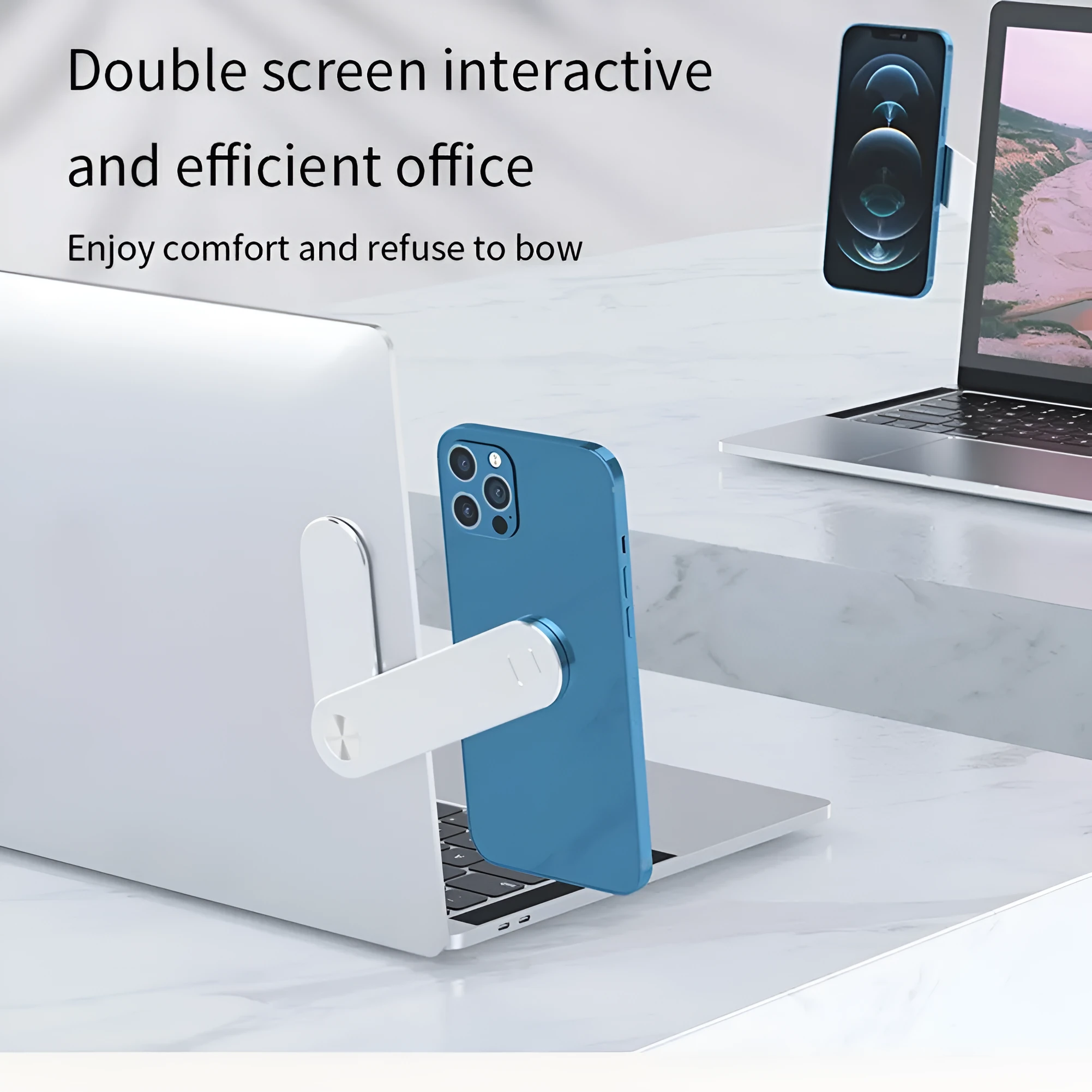 Black aluminium laptop phone holder with magnetic clip attached to laptop edge holding a smartphone