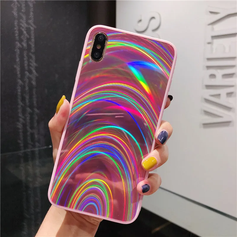 Rainbow mirror soft case glitter cover phone case in pink with studded rainbow gradient