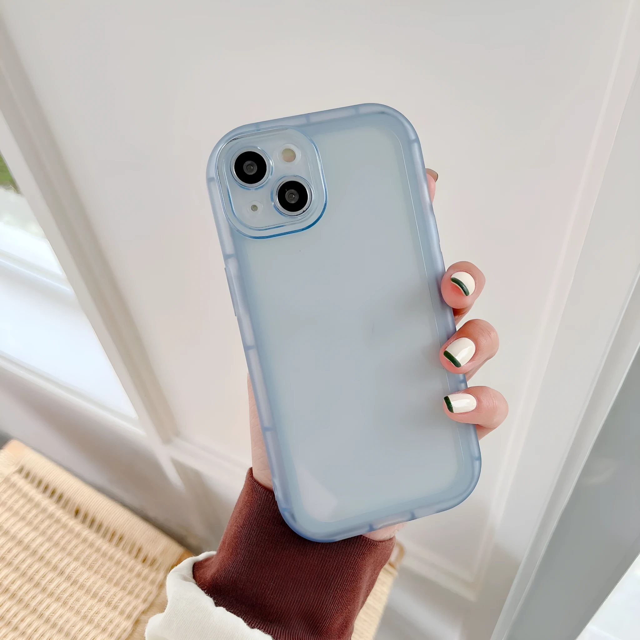 Transparent TPU candy case for iPhone 13 back cover in blue showing solid colour slim fit design