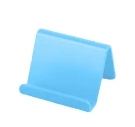 Plastic mobile phone stand in irregular shape on a desk, 6x4.5cm, in blue colour