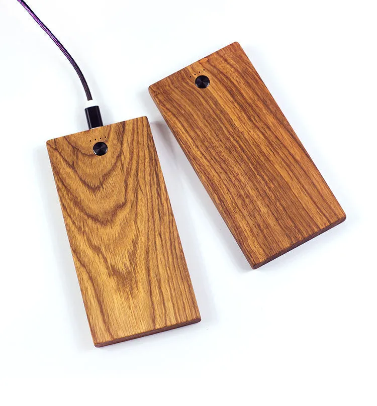 Wooden handicraft power bank with 8000mAh capacity, fast charge output, and slim rectangular design