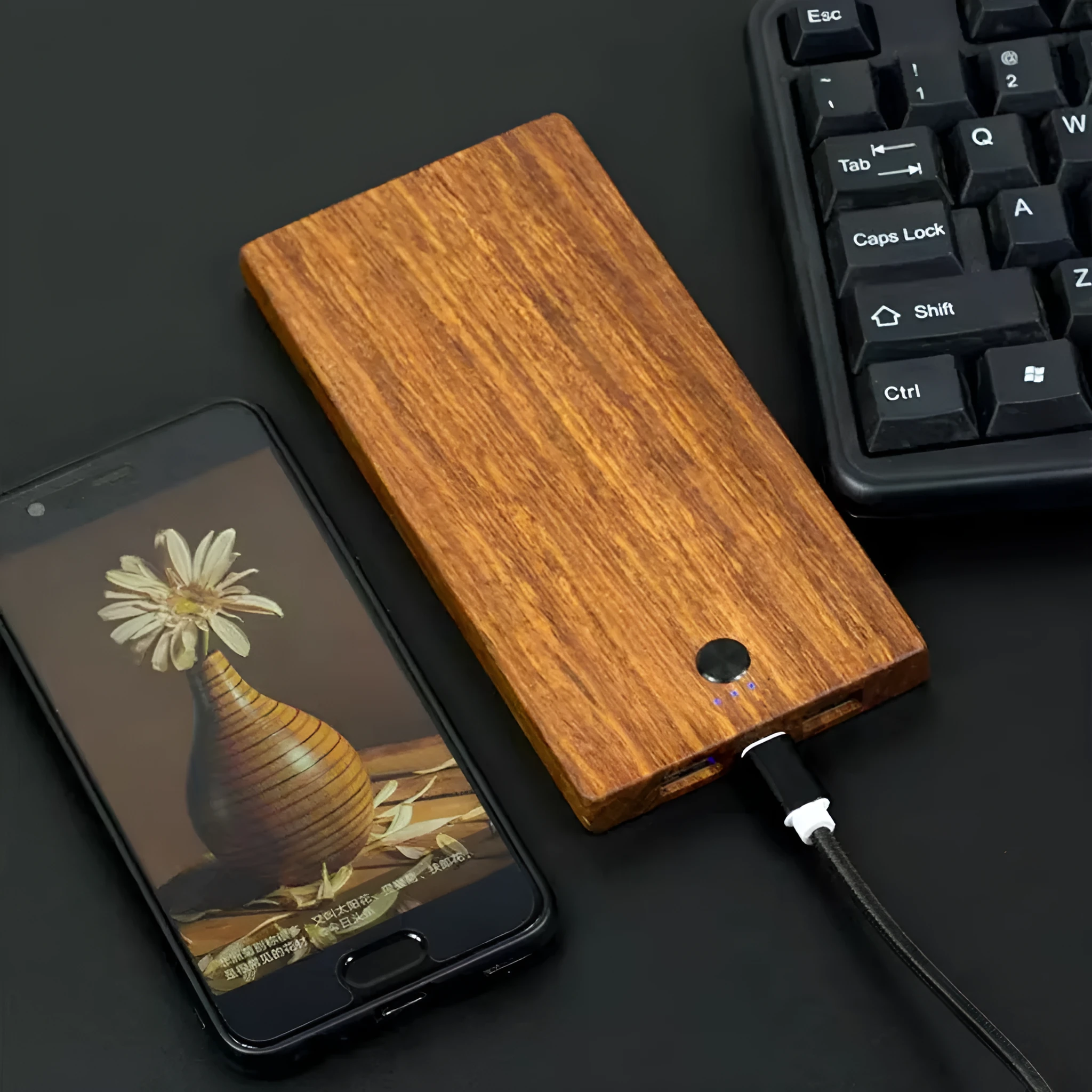 Wooden handicraft power bank with 8000mAh capacity, fast charge output, and slim rectangular design