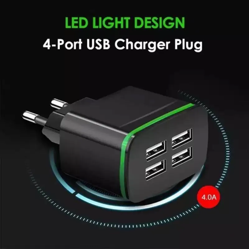 Universal travel charging head with USB port and light function, ABS shell, black colour, EU plug