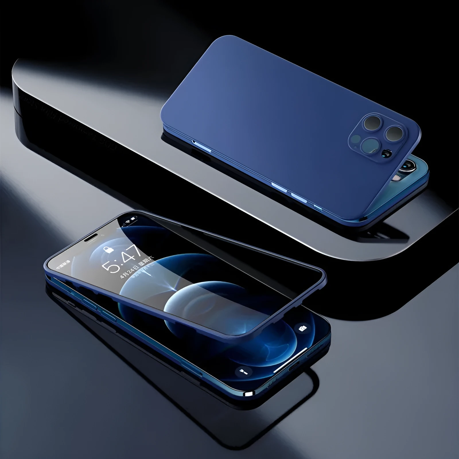 Full cover phone case for iPhone 12 series with front tempered glass and TPU back cover in black