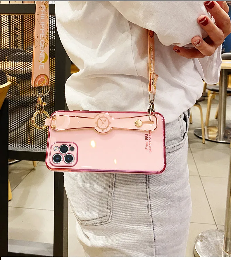 Electroplated TPU mobile phone case with wristband in pink for iPhone, all-inclusive back cover with precise cutouts