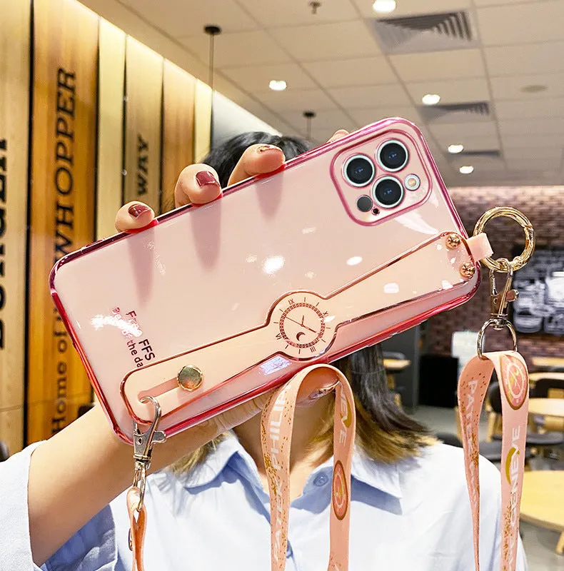 Electroplated TPU mobile phone case with wristband in pink for iPhone, all-inclusive back cover with precise cutouts