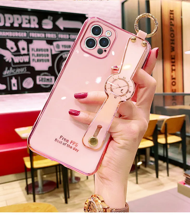 Electroplated TPU mobile phone case with wristband in pink for iPhone, all-inclusive back cover with precise cutouts