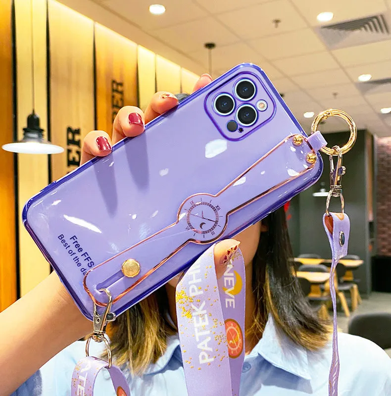 Electroplated TPU mobile phone case with wristband in pink for iPhone, all-inclusive back cover with precise cutouts
