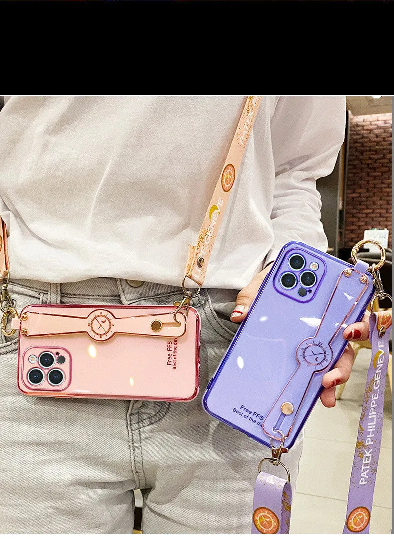 Electroplated TPU mobile phone case with wristband in pink for iPhone, all-inclusive back cover with precise cutouts