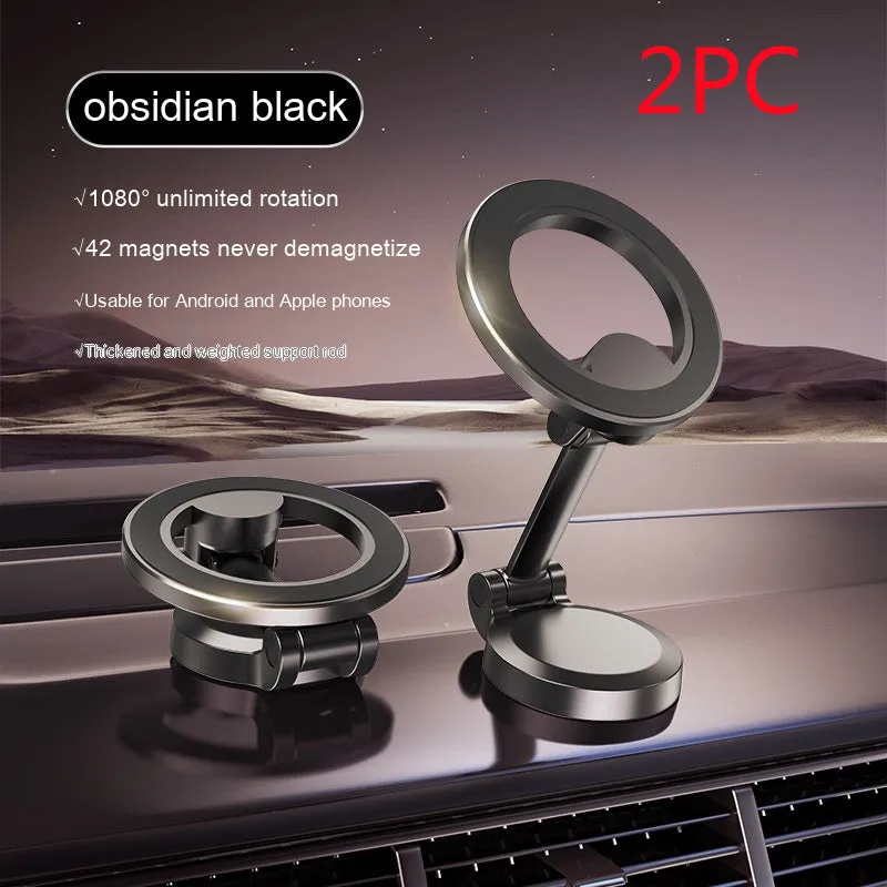 All-metal magnetic car phone mount in Qian colour, shown folded and unfolded on a car dashboard.