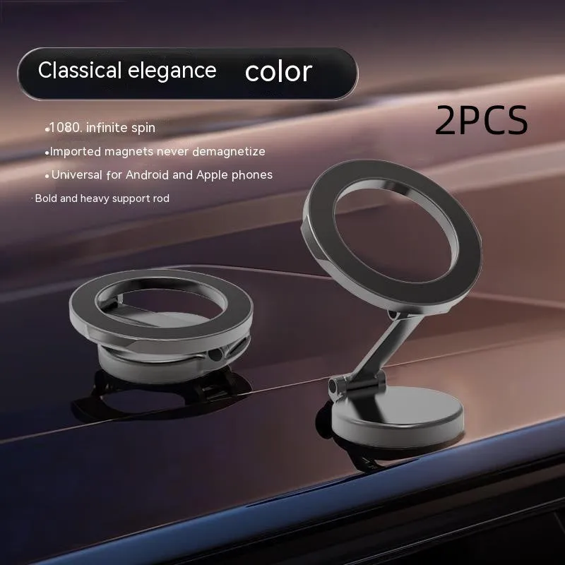 All-metal magnetic car phone mount in Qian colour, shown folded and unfolded on a car dashboard.