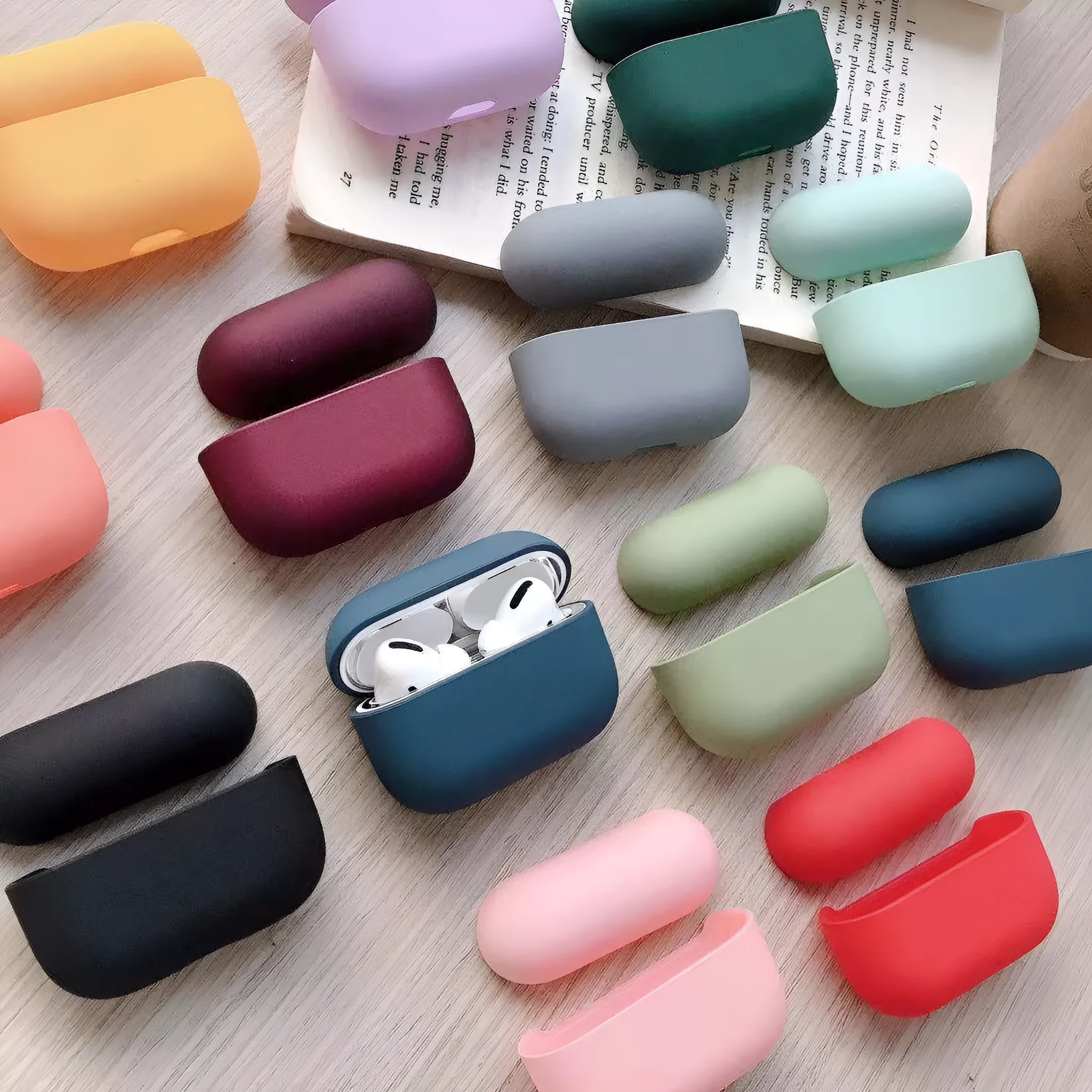 Plastic protective case for AirPods Pro shown in multiple colour options