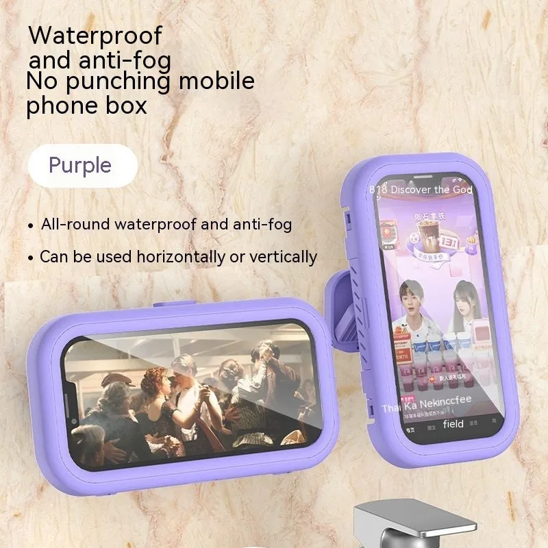 White plastic rotatable waterproof phone box mounted on bathroom wall with a phone inside, punch-free design, four colour options