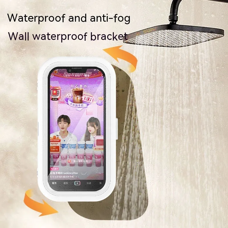 White plastic rotatable waterproof phone box mounted on bathroom wall with a phone inside, punch-free design, four colour options