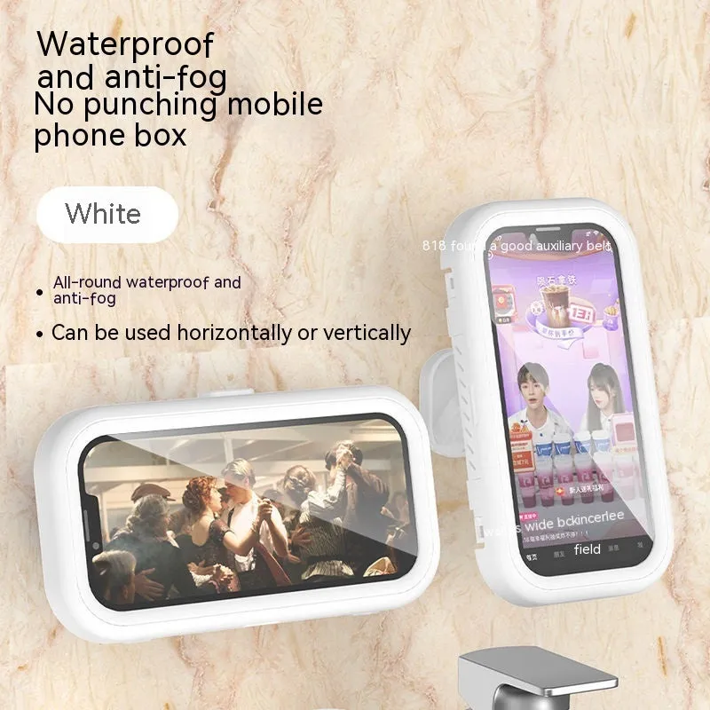 White plastic rotatable waterproof phone box mounted on bathroom wall with a phone inside, punch-free design, four colour options