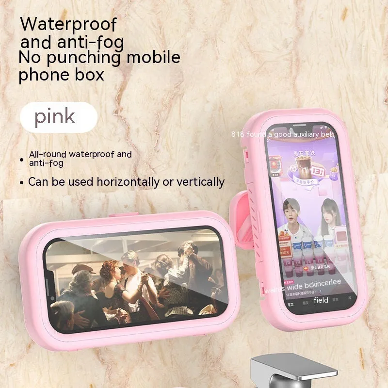 White plastic rotatable waterproof phone box mounted on bathroom wall with a phone inside, punch-free design, four colour options