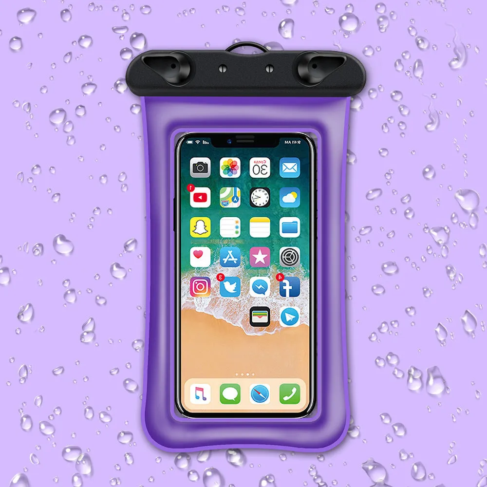 Orange waterproof phone pouch with a black ABS switch and long white neck rope.