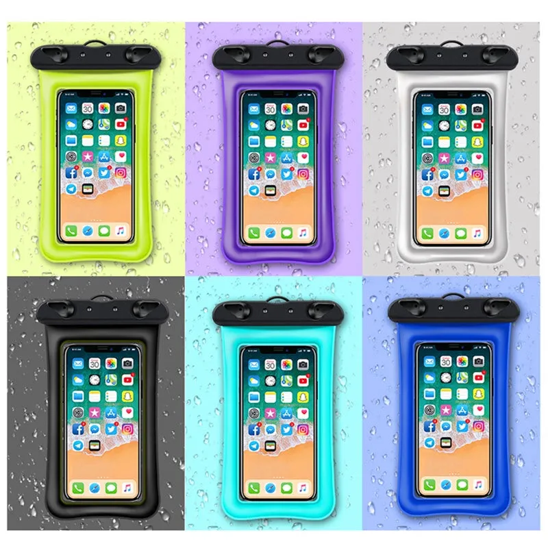 Orange waterproof phone pouch with a black ABS switch and long white neck rope.