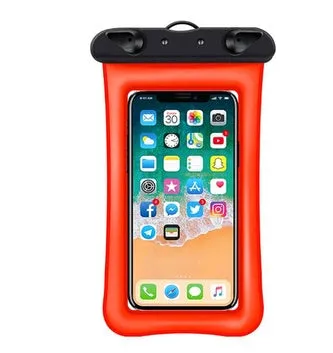 Orange waterproof phone pouch with a black ABS switch and long white neck rope.