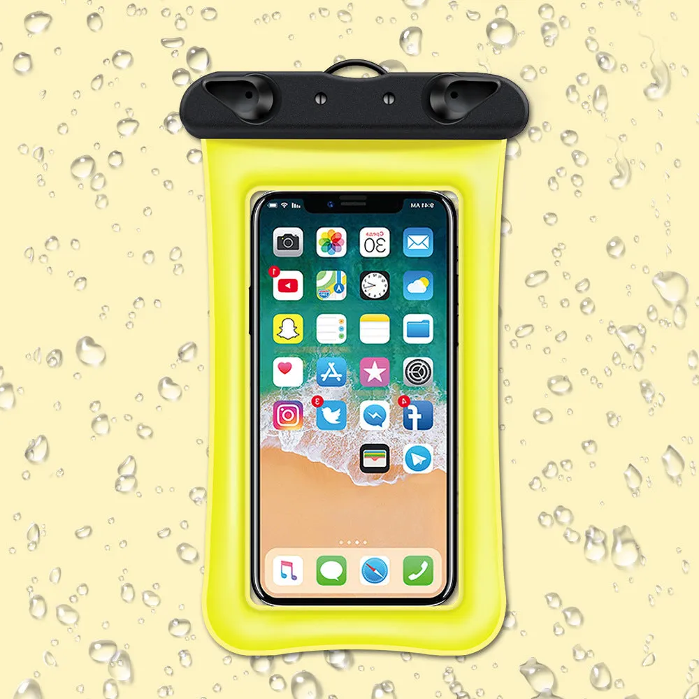 Orange waterproof phone pouch with a black ABS switch and long white neck rope.