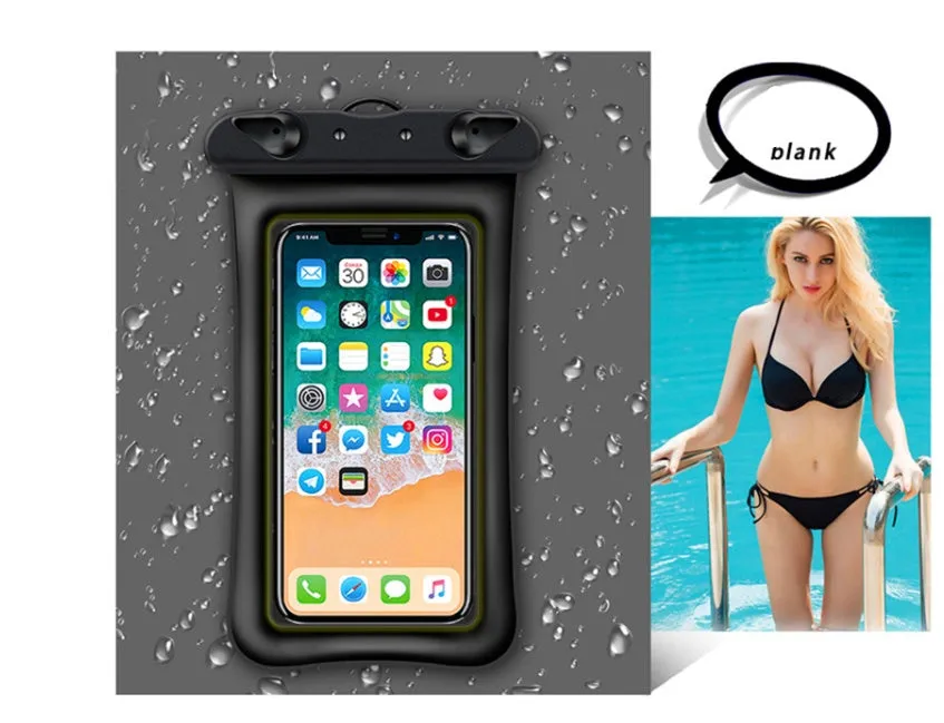 Orange waterproof phone pouch with a black ABS switch and long white neck rope.