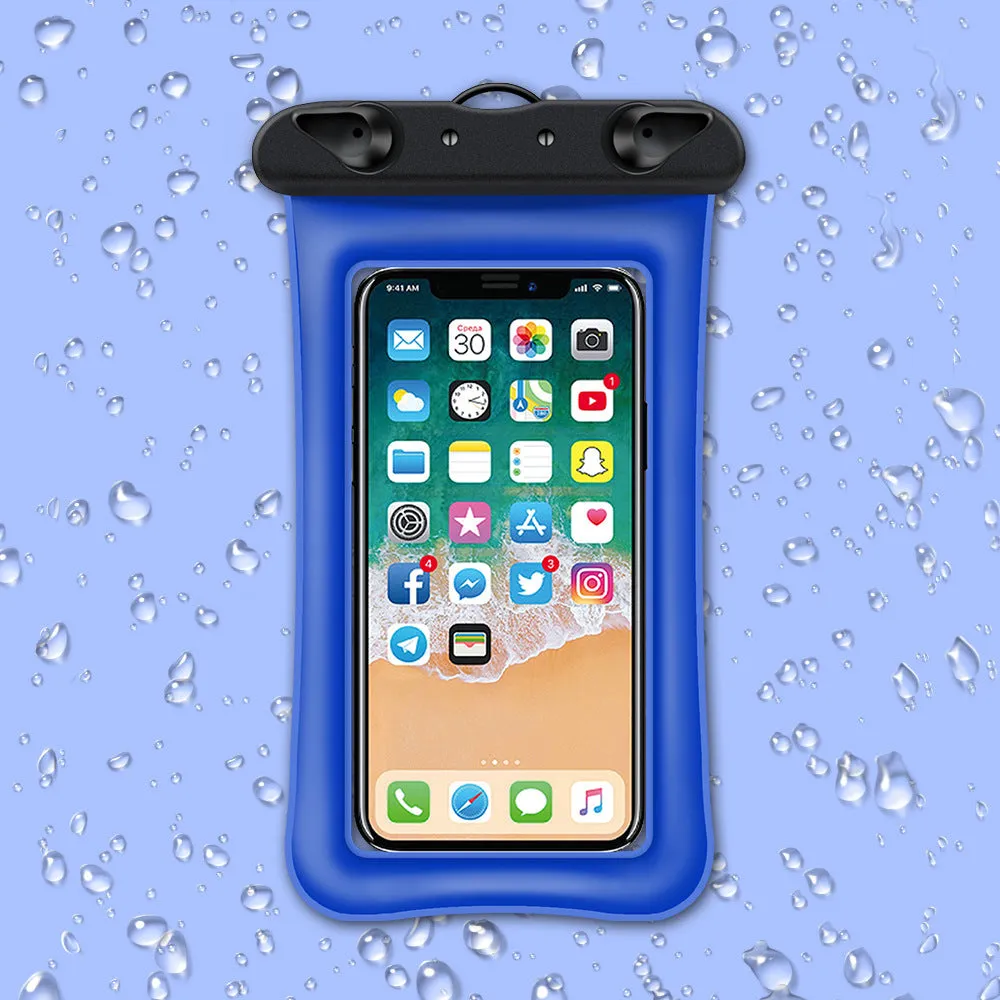 Orange waterproof phone pouch with a black ABS switch and long white neck rope.