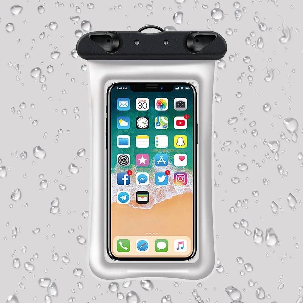 Orange waterproof phone pouch with a black ABS switch and long white neck rope.