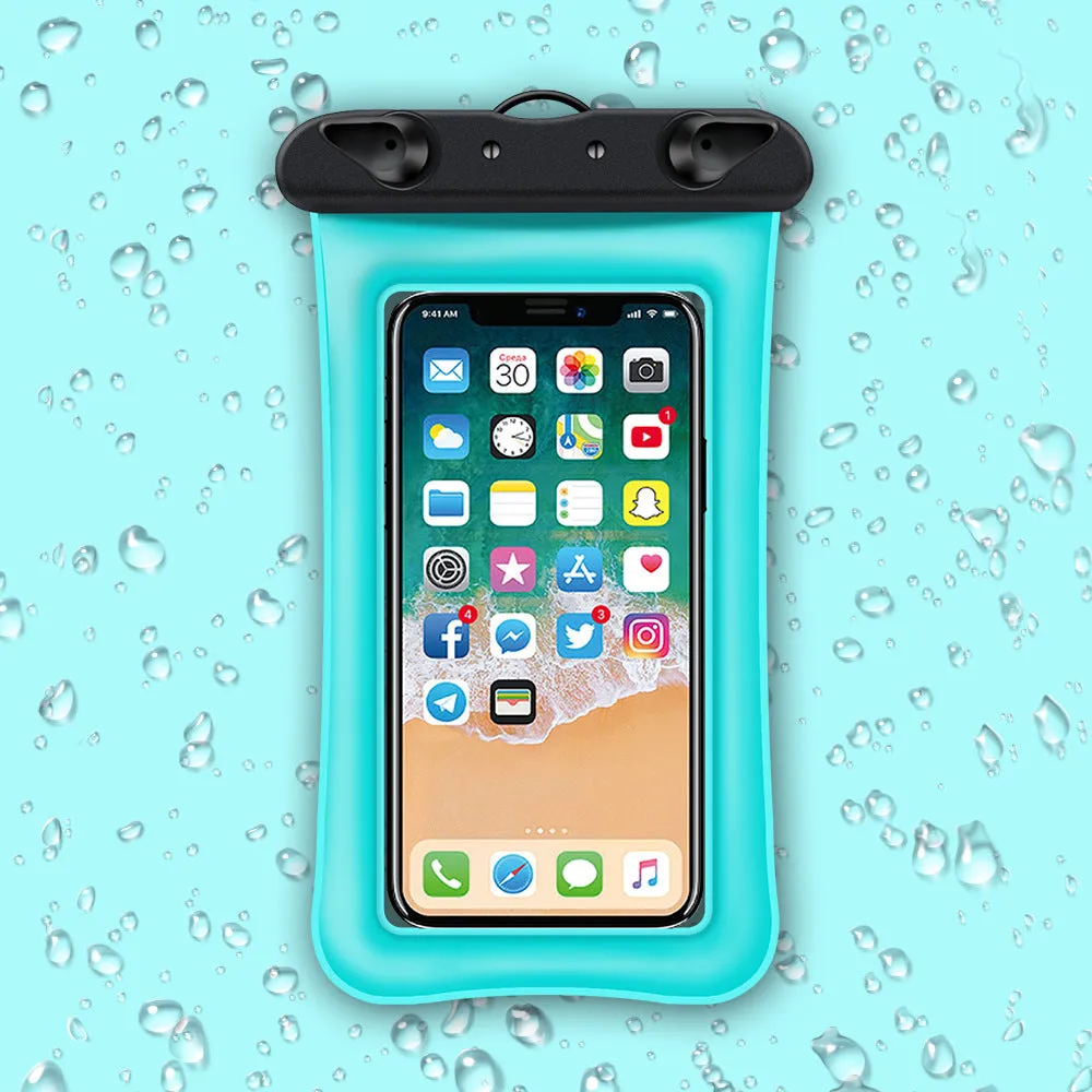 Orange waterproof phone pouch with a black ABS switch and long white neck rope.