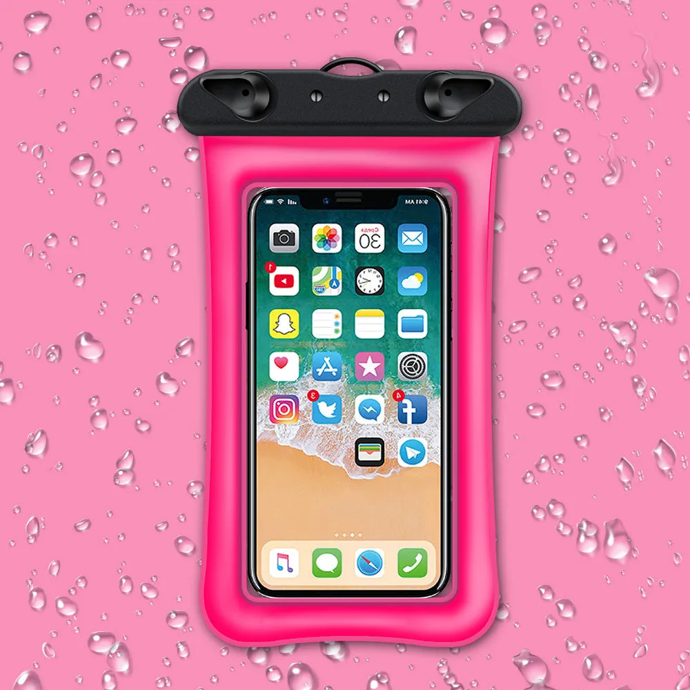 Orange waterproof phone pouch with a black ABS switch and long white neck rope.