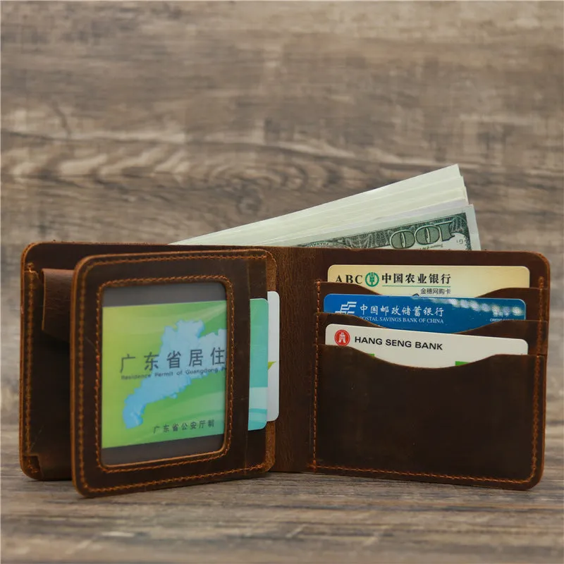Men crazy horse leather money card wallet, retro red brown, 11.5cm long, horizontal design
