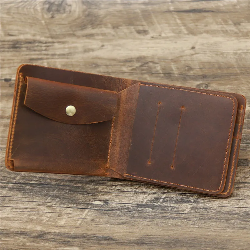 Men crazy horse leather money card wallet, retro red brown, 11.5cm long, horizontal design