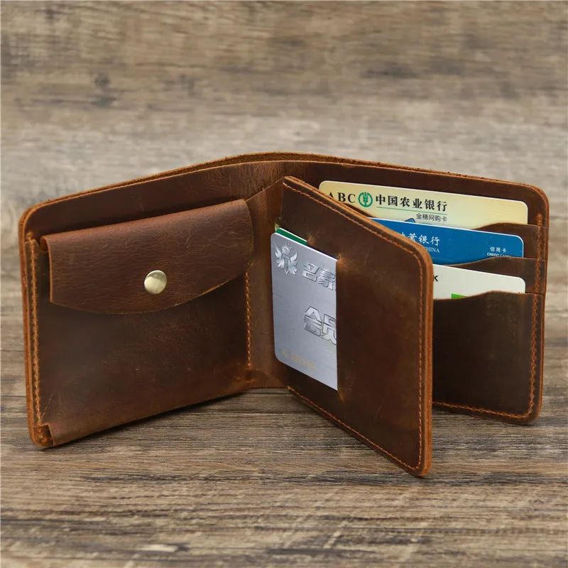 Men crazy horse leather money card wallet, retro red brown, 11.5cm long, horizontal design
