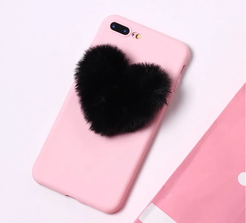 3D furry love hearts PU phone case for iPhone in Pink, back cover with textured hearts design