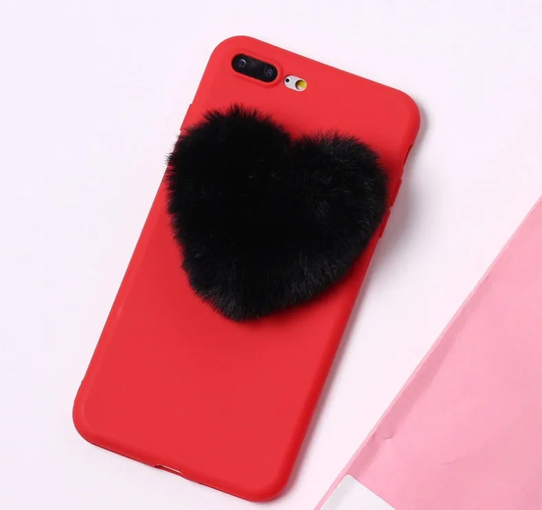 3D furry love hearts PU phone case for iPhone in Pink, back cover with textured hearts design