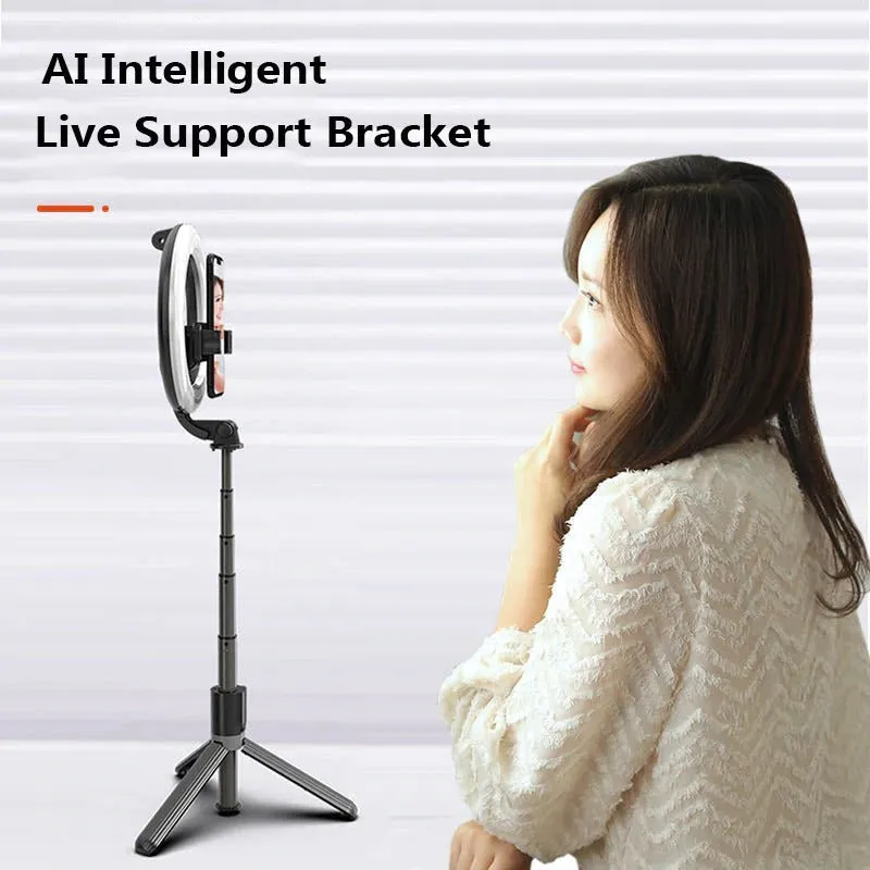 Black aluminium alloy selfie stick tripod with 5-inch ring fill light holding a smartphone, extended to show pole height