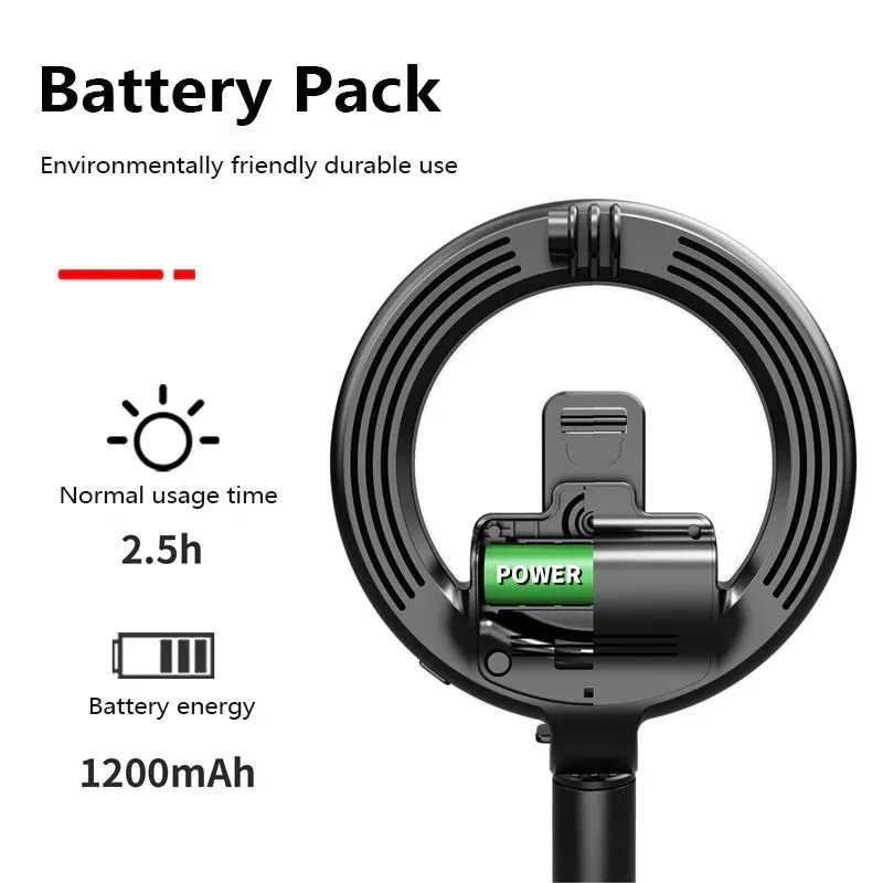 Black aluminium alloy selfie stick tripod with 5-inch ring fill light holding a smartphone, extended to show pole height