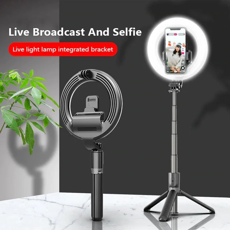 Black aluminium alloy selfie stick tripod with 5-inch ring fill light holding a smartphone, extended to show pole height